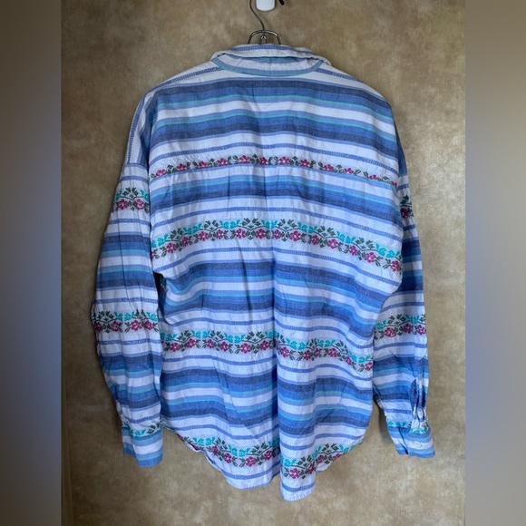 VTG 90s CM&Company Cotton Striped Floral Glitter Flannel Woven Large - Picture 2 of 5